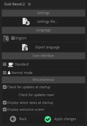 settings panel